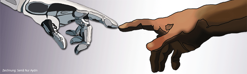 Zeichnung: Hand aus Eisen, Hand von Mensch berühren sich am Zeigefinger