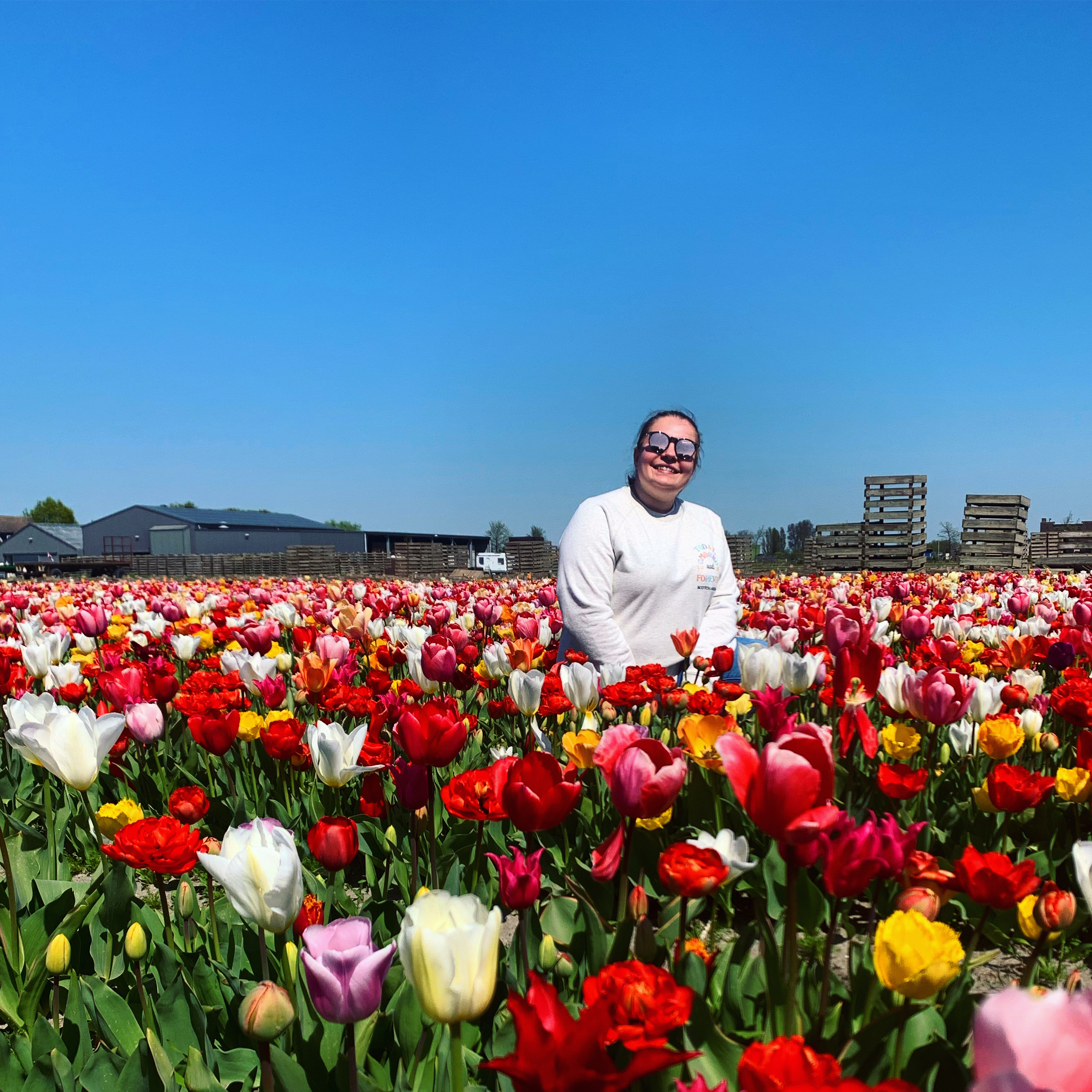 Julia, strahlend wie die Tulpen selbst, mitten im Tulpenfeld.