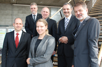 Rektor Prof. Dr. Spägele (Hochschule Ravensburg-Weingarten), Rektor Prof. Dr. Schwarz (Hochschule Esslingen), Nadja Haase (Hochschulföderation SüdWest), Rektor Prof. Dr. Leonhard (Hochschule Mannheim), Rektor Prof. Dr. Schneider (Hochschule Aalen), Rektor Prof. Dr. Jürgen Schröder (Hochschule Heilbronn), von links, Foto: Svoboda