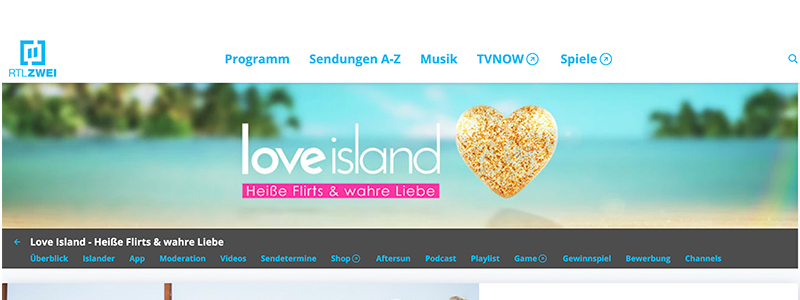 Reality-Formate wie etwa Love Island gehören für viele in Sachen TV bereits zum Pflichtprogramm, Foto: Screenshot Website www.rtl2.de