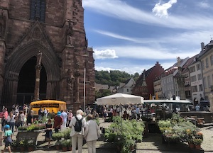 Belebter Markt am Fuße des Freiburger Münster