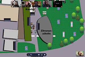 Bei Gather.town können Studierende mit ihrem Avatar auf dem virtuellen HdM-Campus umhergehen, mit anderen sprechen und Spiele spielen. | © Jennifer Kögel