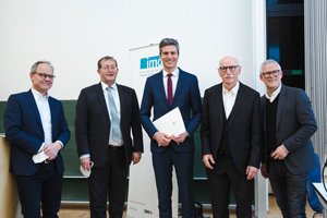 SWR Intendant Kai Gniffke, HdM-Rektor Prof. Dr. Alexander W. Roos, Prof. Ingo Zamperoni, Prof. Dr. Wieland Backes und Prof. Stephan Ferdinand, Fotos: Florian Müller 