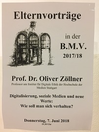 Die Plakatankündigung des Vortrags an der B.M.V.-Schule, einem katholischen Gymnasium in Essen in Trägerschaft der Augustiner Chorfrauen. Eingeladen hatte die Elternschaft der Schule (Foto: Oliver Zöllner)