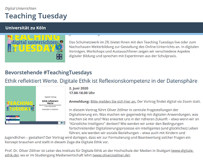 Digitale Ethik in der Lehre: Vortrag in der Reihe '#TeachingTuesdays' am Zentrum für LehrerInnenbildung der Uni Köln (Screenshot: Oliver Zöllner). Digitale Ethik in der Lehre: Vortrag in der Reihe '#TeachingTuesdays' am Zentrum für LehrerInnenbildung der Uni Köln (Screenshot: Oliver Zöllner).