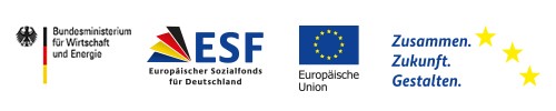 Logos des Bundesministeriums für Wirtschaft und Energie, Europäischer Sozialfonds für Deutschland, Europäische Union und Zusammen Zukunft Gestalten.
